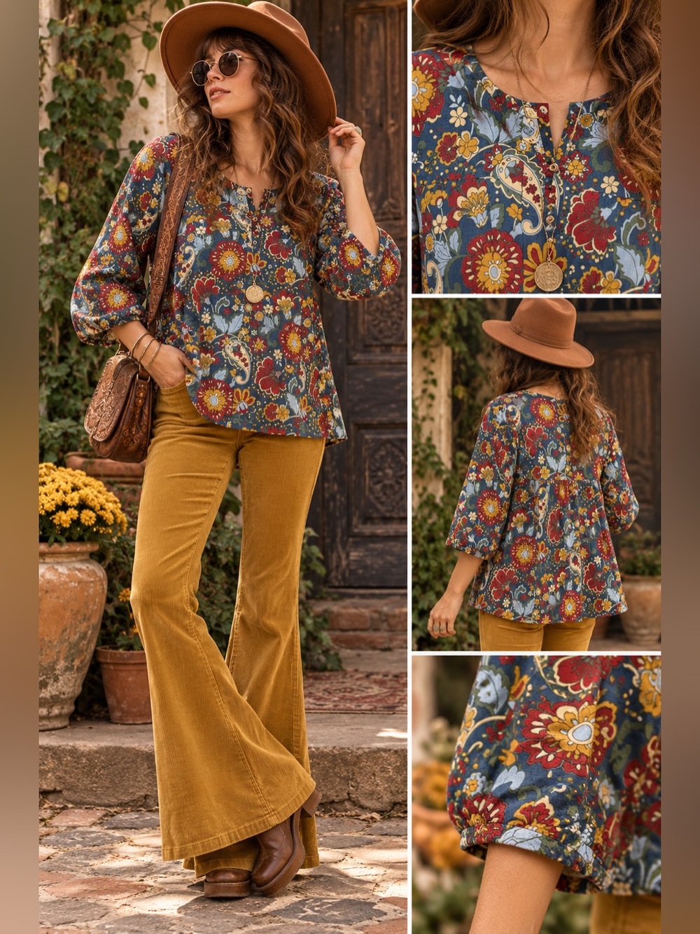 Boho Fall Folk Floral Paisley 100% Cotton Peasant Tunic Top